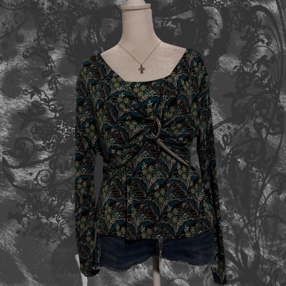 buckle detail blue teal green leafy paisley whimsical boho glam black top